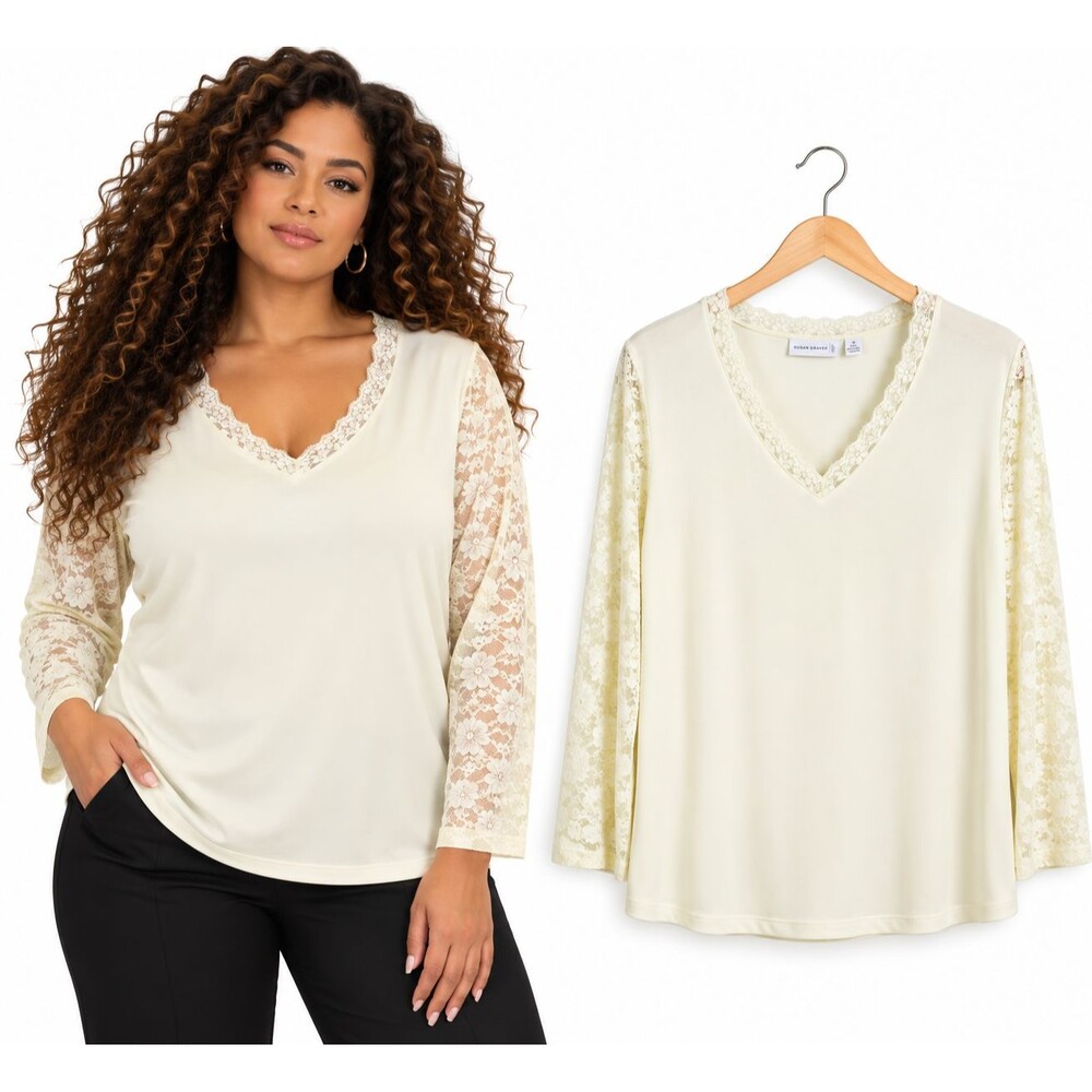 Susan Graver Liquid Knit Blouse Top Size 1X Ivory Sheer Lace Sleeves A21875